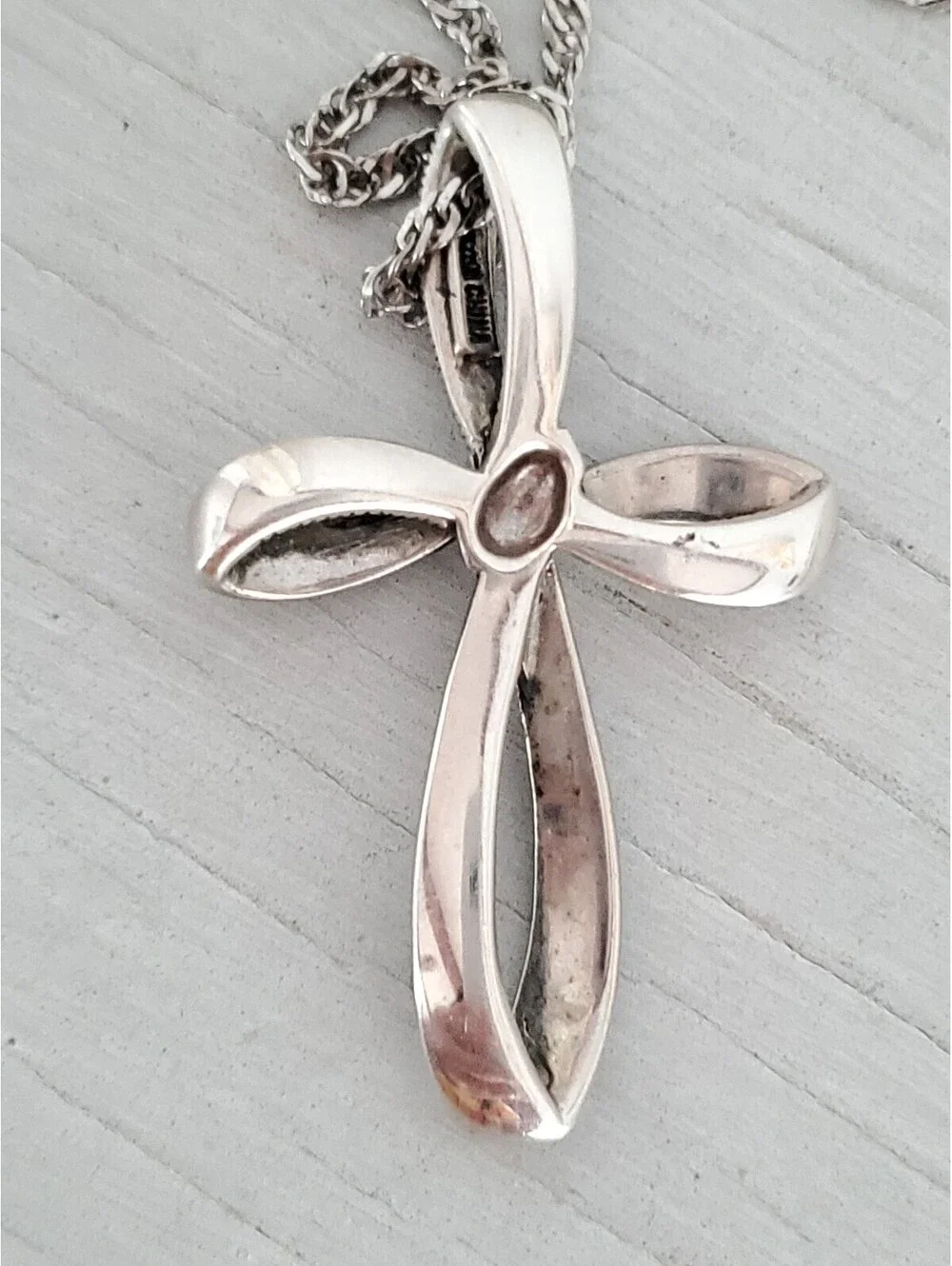 Vintage Sterling Silver Ribbon Marcasite Cross Necklace